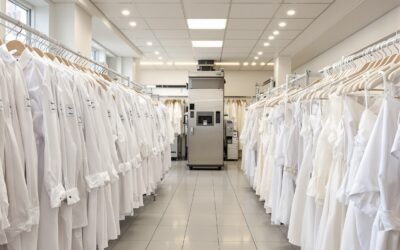 Intérieur d un pressing professionnel avec portants de vêtements et machine à vapeur