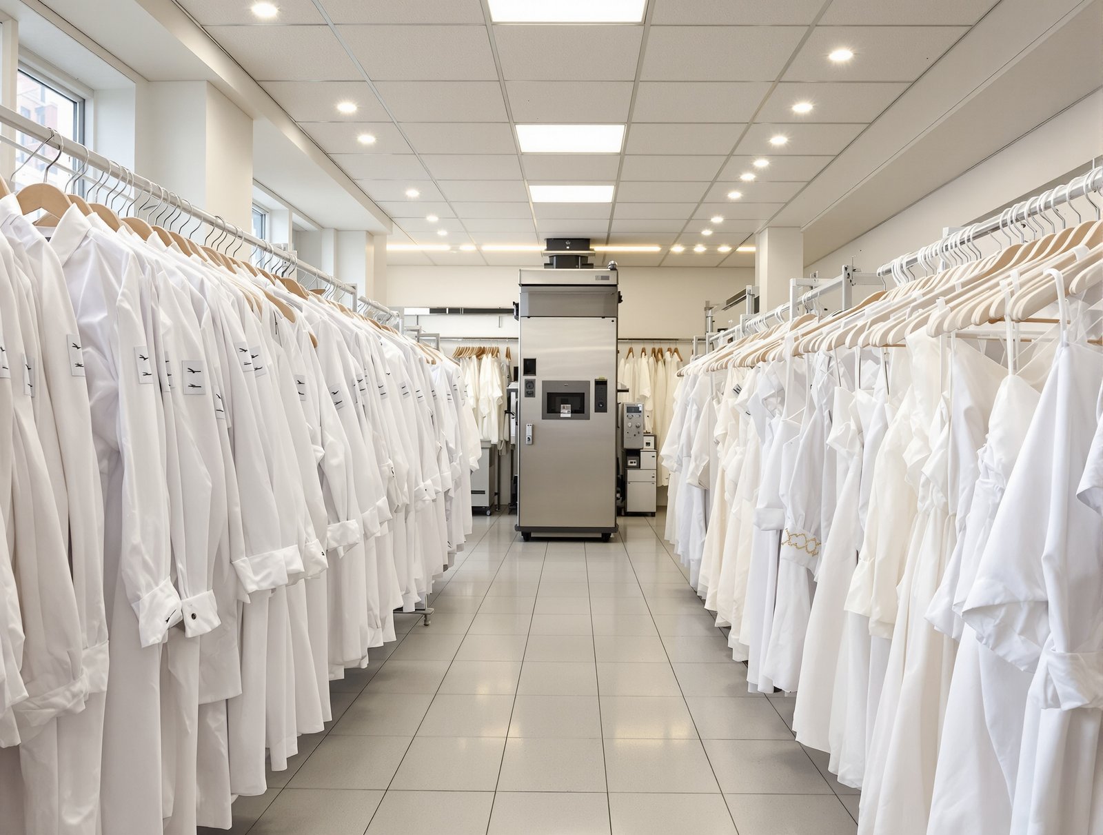 Intérieur d un pressing professionnel avec portants de vêtements