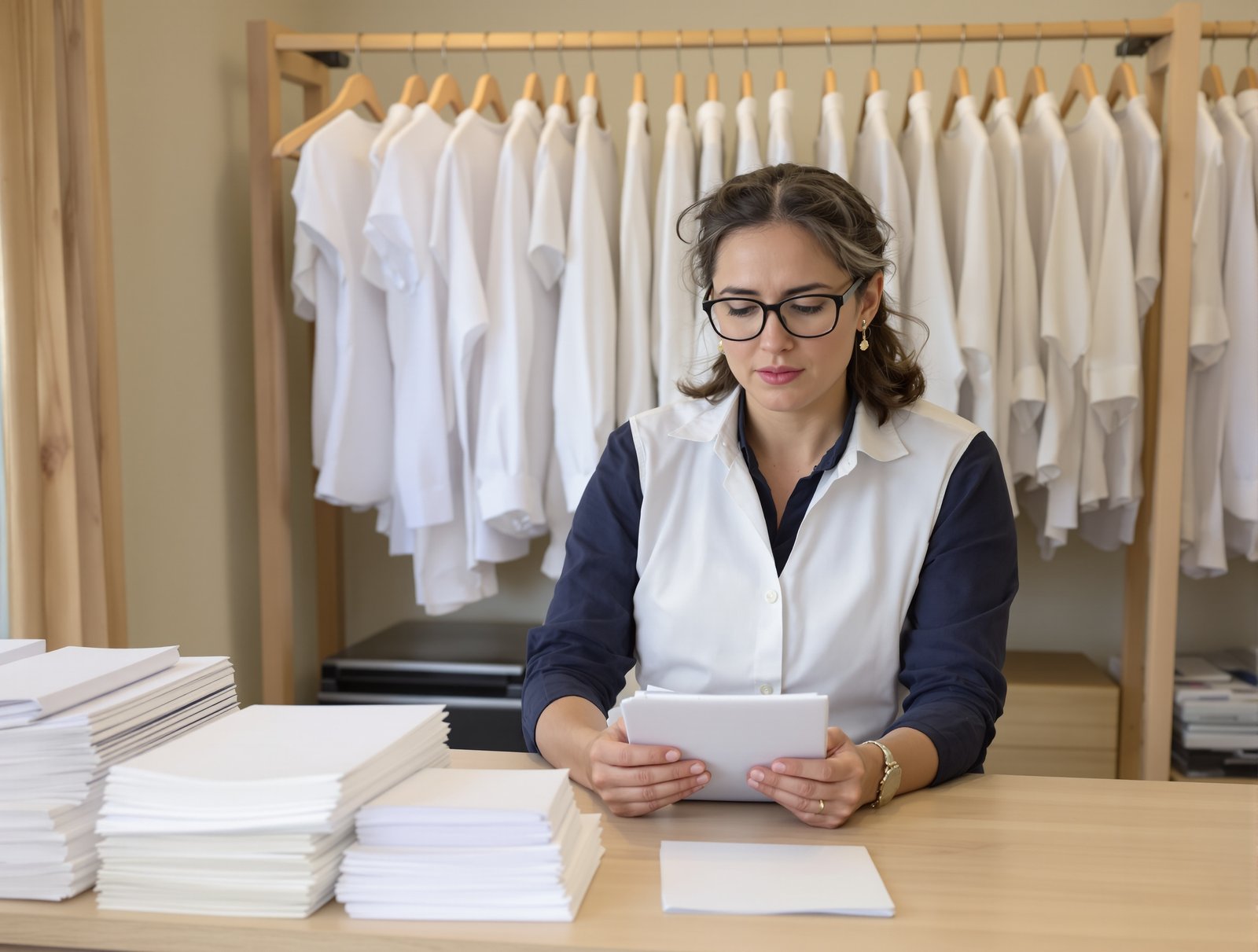 Gérante de pressing concentrée sur des papiers au comptoir