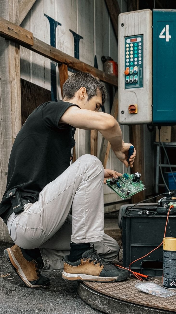 Outdoor scene of a technician repairing electrical equipment in an industrial area.