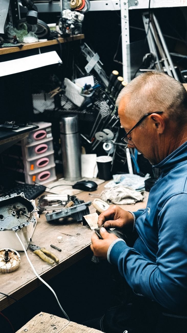 A dedicated craftsman repairing electronics in a cluttered workshop.