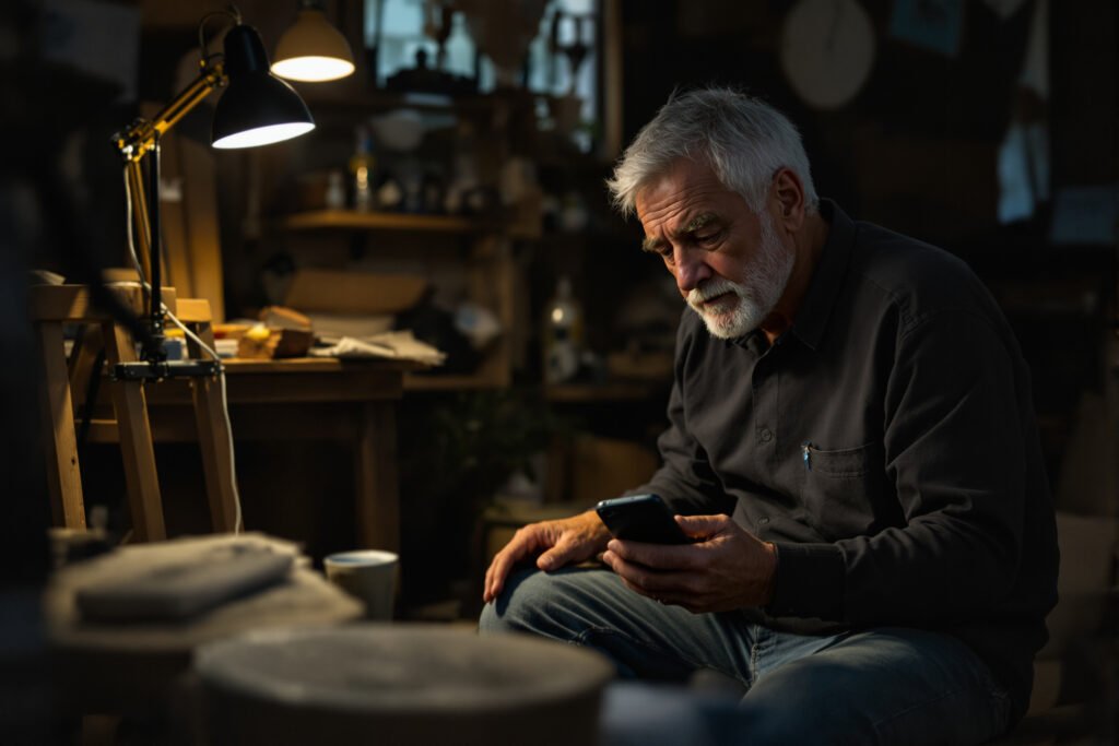 Un artisan seul dans son atelier le soir, un téléphone à la main, à la lumière d'une lampe