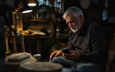 Un artisan seul dans son atelier le soir, un téléphone à la main, à la lumière d'une lampe