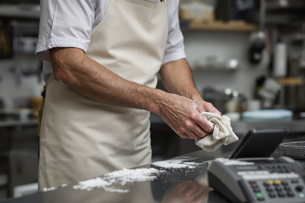 Un boulanger s'essuie les mains en marchant vers un téléphone qui sonne sur le comptoir