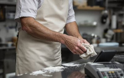 Un boulanger s'essuie les mains en marchant vers un téléphone qui sonne sur le comptoir