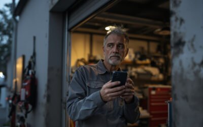 Un mécanicien sur le pas de la porte de son garage au crépuscule, un téléphone à la main