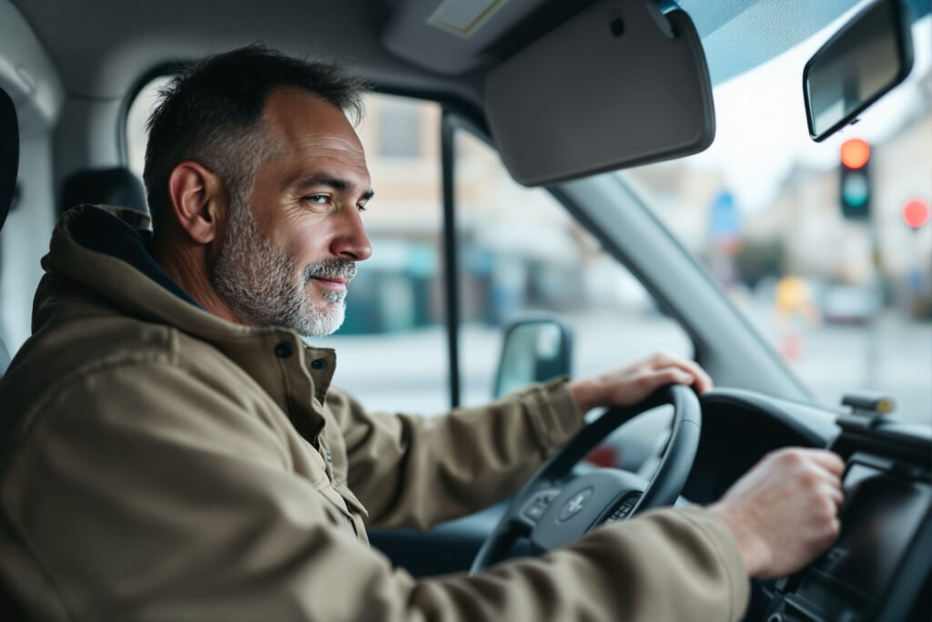 Un artisan au volant de sa camionnette regarde son téléphone sur le tableau de bord, à un feu rouge