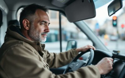 Un artisan au volant de sa camionnette regarde son téléphone sur le tableau de bord, à un feu rouge