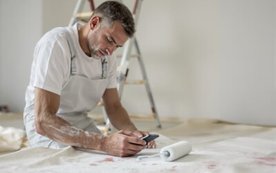 Un peintre à genoux sur une bâche regarde son téléphone, le rouleau posé à côté