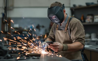 Un soudeur au travail, un téléphone qui sonne sur l'établi métallique à côté des étincelles