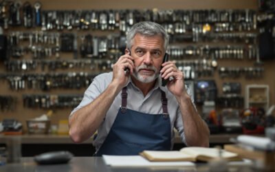 Un serrurier à son comptoir, un téléphone à l'oreille, devant un mur de clés