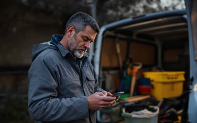 Un jardinier range ses outils à l'arrière d'une camionnette au crépuscule, un téléphone à la main