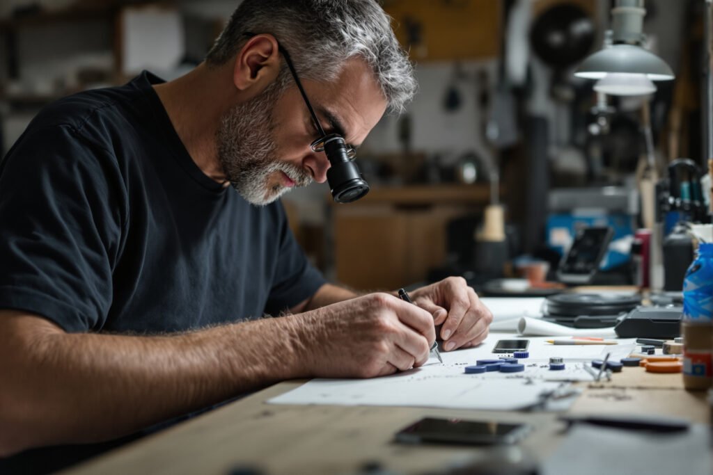 Un joaillier à son établi avec une loupe, un téléphone posé à côté des petits outils