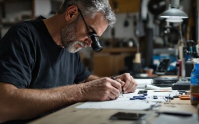Un joaillier à son établi avec une loupe, un téléphone posé à côté des petits outils