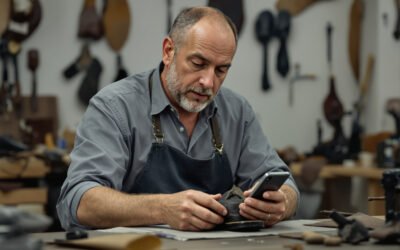 Un cordonnier tient une chaussure d'une main et regarde son téléphone de l'autre