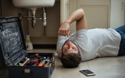 Un plombier allongé sous un évier, un téléphone posé sur le carrelage à côté de la caisse à outils