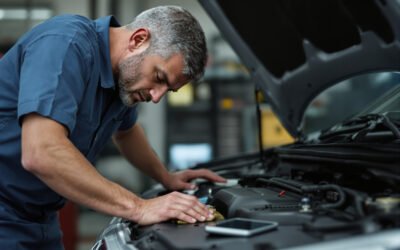 Un mécanicien penché sur un moteur ouvert, un téléphone posé sur l'aile de la voiture