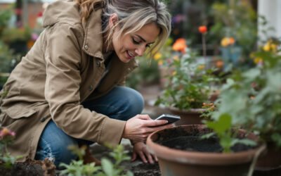 Une jardinière accroupie près d'un massif, un téléphone à la main au-dessus d'un pot
