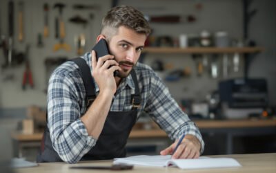 Un artisan répond au téléphone à son comptoir, un carnet ouvert et un stylo à la main