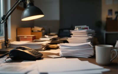 Un bureau d'entreprise en fin de journée, un téléphone qui sonne à côté d'une pile de papiers, personne pour décrocher